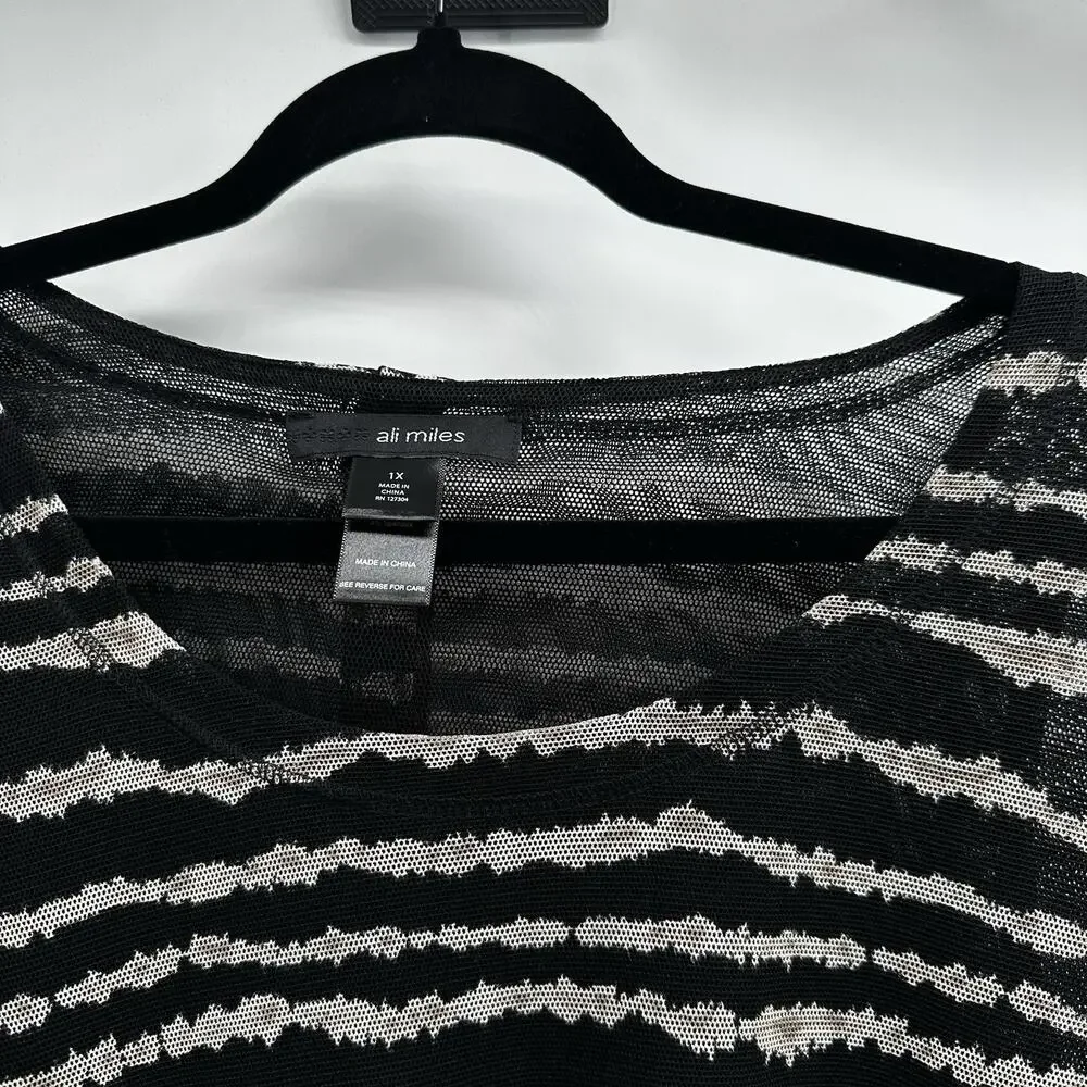 Ali Miles Top Shirt Tunic Womens 1X 1XL Black Mesh‎ Stripe back Buttons Art - Picture 3 of 12